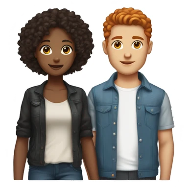 do couples with the girl having short/ medium length red hair and blue eyes, skin not super fair but light and the boy having same skin tone, black curly hair and brown eyes. If emojis of them standing do streetstyle clothing for both.  sticker
