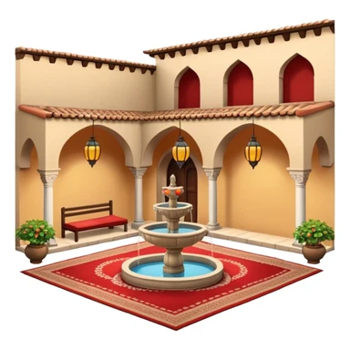 3D Apple-style emoji of a Turkish han courtyard. Square courtyard, small fountain, low arches, hanging lanterns, stacked carpets. Rounded, glossy, soft shadows, bright daylight, white background.





 sticker