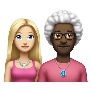 “black man with black afro and glasses and wearing a red shirt standing next to a white woman with long blonde hair with blue eyes wearing a pink dress and a big diamond necklace” sticker