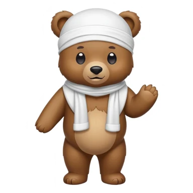 Full-body standing brown bear wearing a white durag on its head, cute emoji style sticker
