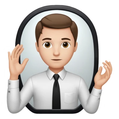 A man looking into a mirror holding his hand. He should be facing the mirror. He should be wearing a white dress shirt and a black tie. sticker