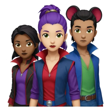 Solo poly platonic relationship, one African girl, one Asian boy, one biracial features Asian tomboy girl rat-tail hair long and upper masculine hair 90s, vampire and marvel cosplay elements inspired  use marvel race, like instead of obvious human, green purple blue etc,  sticker