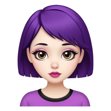 Pretty girly girl,white skin,short black and a little purple hair,big eyes with long eyelashes,big pink cheeks,medium full pink lips, medium nose a little crooked,wear a black short,thick short brown eyebrows sticker