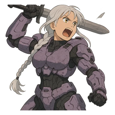 female, wearing reach spartan armor default, long white braid hair, gold yellow eyes, attention pose, HALO:series, no helmet, the armor is lavender color scheme, shoulder pad off. DDD bust size fitting. Punk gothic cyberpunk, brandishing a sword, preparing to swing and yelling sticker