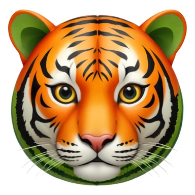A round watermelon with green rind and a realistic tiger head attached to it sticker