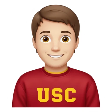 happy pale white man with brown hair in a red sweatshirt with USC in yellow letters sticker