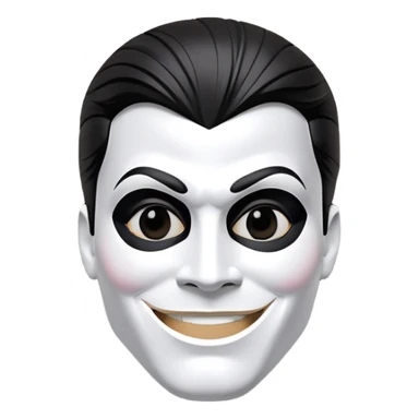 Mr incredible as black figure wearing a white Michael Jackson jigsaw mask that has giant white pupils and the irises are black and it’s smiling and the background is a wall in a room with grey sticker