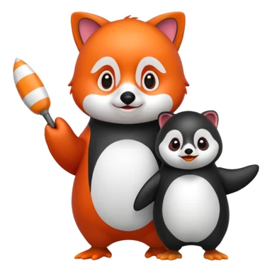 A cartoon  cute cartoon penguin. Next to it is a cartoon red panda holding its flipper  sticker