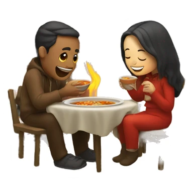 A couple enjoying soup by a fireplace sticker