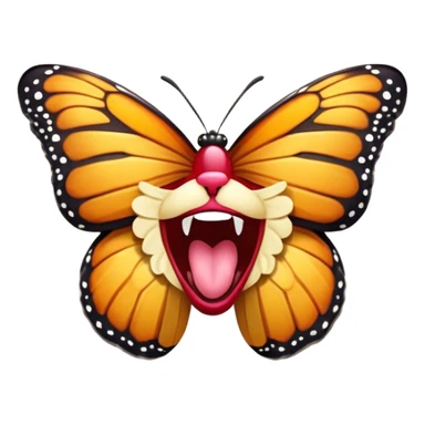 Cinematic Realistic Cute Yawning monarch Butterfly Portrait Emoji, Head tilted slightly with a dramatic, wide-open yawn, showcasing soft, downy ruby wings with gentle droop and half-closed, drowsy eyes rendered in exquisite natural detail, high shine, relaxed yet expressive, styled with a dash of delicate floral charm, soft glowing outline, capturing the essence of a sleepy yet affectionate red butterfly that appears ready to rest its vibrant wings in quiet slumber! sticker