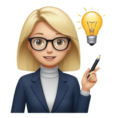 A cute blonde girl emoji in cartoon style as a professional presentation designer. She wears stylish glasses, a modern outfit like a chic blazer or turtleneck, and holds a digital tablet or stylus. She has an excited expression with a lightbulb idea. sticker
