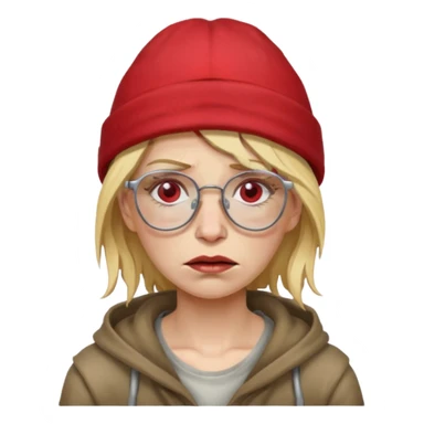 very dirty looking homeless woman with ripped red hat with ugly blond hair and broken glassess sticker
