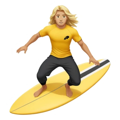 Man Surfer surfing with long blond hair, yellow t-shirt with black Nike logo in center of chest, black baggy sweatpants. On a yellow and white board sticker