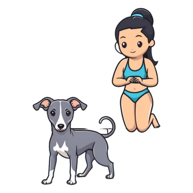 Slim Chinese woman with long black hair in pool attire at an indoor swimming pool with her Italian greyhound that is COMPLETELY and ENTIRELY solid dark grey, with ABSOLUTELY ZERO white markings anywhere on its entire body including face, nose, chest, paws - 100% uniform dark grey color only sticker