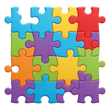 An icon showing connected jigsaw puzzle pieces with letters sticker