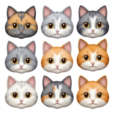 6 realistic looking cats with different natural coloured coats, assorted grey and white, greys, calico, brown and white colours etc
 sticker