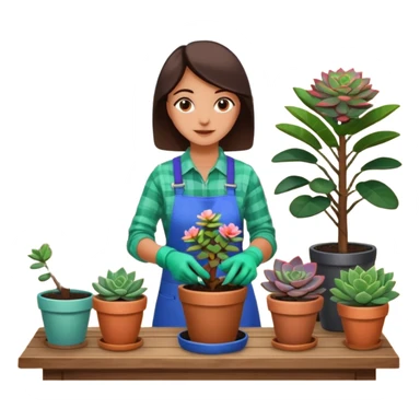 Close-up of a person planting a sapling in a pot. Around, potted plants and succulents with vibrant leaves and flowers. Sunlight filters through the window, casting soft shadows. Cozy indoor space with gardening tools on a wooden table. sticker