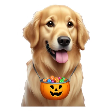 Golden retriever with a jack o lantern bucket full of colorful candy in his mouth sticker