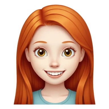 traditional simple emoji of young girl with very pale skin, long straight bright ginger red hair, big eyes, big smile with teeth showing, classic round face sticker