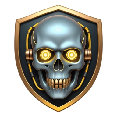 Cyberpunk shield, skull with cybernetic implants, glowing wires, dark electric silver and gold tones, no background sticker