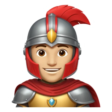 A friendly Trojan warrior mascot with a large cartoon-style head, wearing a silver helmet with a red crest and black cheek guards.  confident smile. The character wears dark armor with metallic details and a WITH yellow cape.  sticker