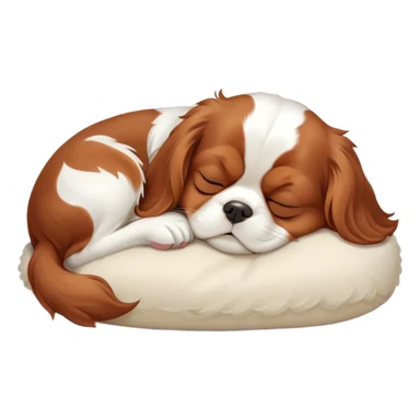 Cinematic Chubby Sleeping Cavalier King Charles Spaniel Portrait Emoji, Chubby and serene, with a round, endearing build and a plush, silky coat of rich chestnut and white, eyes gently closed in peaceful slumber, Simplified yet irresistibly endearing features, highly detailed, glowing with a gentle, dreamy glow, high shine, relaxed and content, stylized with a touch of whimsy, bright and heartwarming, soft glowing outline, capturing the essence of a blissfully sleepy companion, so comically serene it feels like it could roll out of the screen and snore with adorable charm! sticker