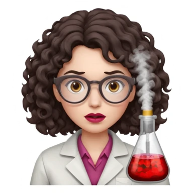 A crazy female scientist, with curly-wavy dark brown medium lenght hair, brown eyes and light grey glasses and pale skin and pinkish lips, dressed to look like an english teacher but in neutral tones like grey black white, maybe with the pop of dark red, with no girly colors, she should look mad sticker