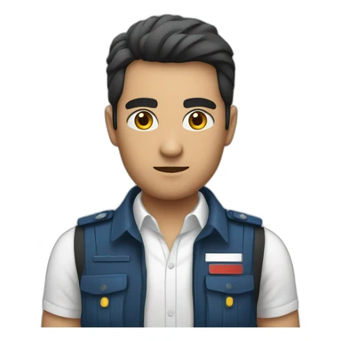 A PERUVIAN SECURITY AGENT, IN A BLUE VEST AND WHITE SHIRT. SAY OK WITH YOUR HAND. SERIOUSNESS. sticker