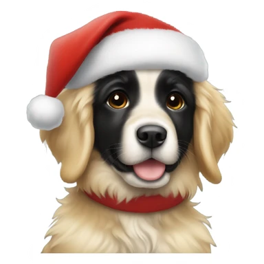 solid black fluffy puppy wearing red vest with white golden retriever wearing a santa hat sticker