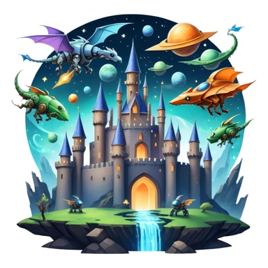 Icon for Fantasy and Sci-Fi Movies: A magical collage with flying dragons. futuristic spaceships and UFOs. Stars and planets shimmer in the background with a mystical castle Hogvards an ancient wizard and robots. The atmosphere is epic, otherworldly and adventurous. Transparent background. sticker