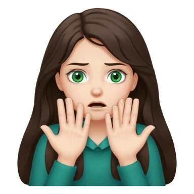 Brunette girl with long hair and bluish green eyes, choking herself with two hands and annoyed looking eyes  sticker