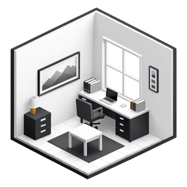 An isometric 3D room with two white walls that meet at the back left and right and a single Window. Black and White Home Office sticker