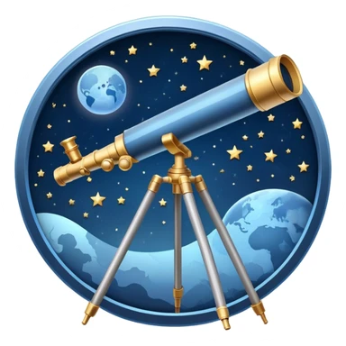 An icon featuring a telescope, stars, and a planet, symbolizing astronomy. The design includes a crescent moon, distant galaxies, and constellations, representing the study of space and celestial bodies. Transparent background highlights the exploration of the universe and cosmic phenomena. sticker