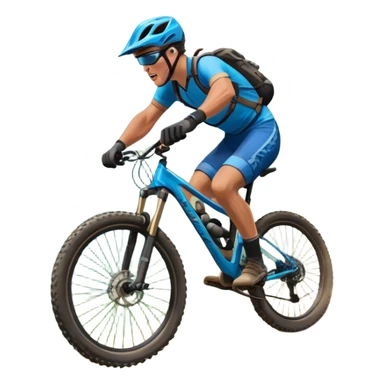 An icon featuring a mountain bike with thick tires on a rugged trail. A cyclist in a helmet rides downhill, kicking up dust. The background showcases a breathtaking mountain landscape with green slopes, rocky peaks, and a bright blue sky. Transparent background emphasizes adventure and speed sticker