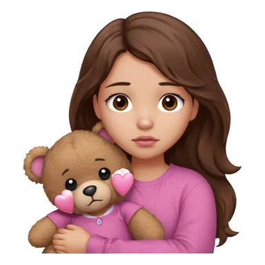 girl with long wavy brown hair, brown eyes, light to medium complexion, in a pink shirt, pink lips, long lashes, sad, hugging a teddy bear with a broken heart sticker