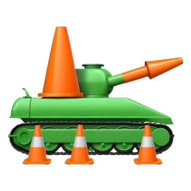 green tank running over and crushing traffic cones, cones visible under the tank, emoji style sticker
