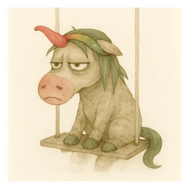 Place the unicorn on a swing in a watercolor art style. The unicorn remains dirty, crumpled, with bags under its eyes, a drooping horn, and a bright shiny headband. Maintain the watercolor art style look. sticker