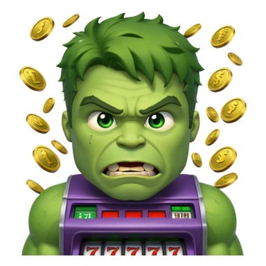 disheveled hulk losing money at a slot machine, panicked face, coins flying sticker