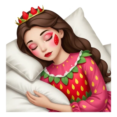 sleeping beauty brunette white girl with a silk pillow strawberry dress with her face painted strawberry sticker