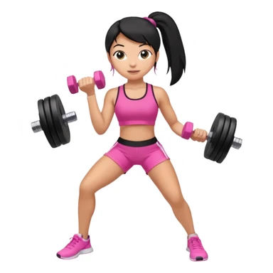 A tan girl with black hair in a ponytail. Wearing a pink gym set. Picking up dumbells sticker