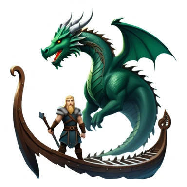 An icon representing an adventure game, inspired by Norse mythology. The design features a fierce Viking warrior standing at the prow of a dragon-headed longship, sailing through icy waters. Snow-capped mountains loom in the distance as the northern lights dance overhead, evoking a sense of conquest, mystery, and legend. Transparent background. sticker