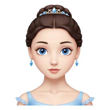 Realistic Ballerina Portrait, with porcelain-like skin featuring a natural rosy flush, illuminated by soft lighting that highlights the gentle contours of her face. Her Brunette hair flows in soft, Her deep blue eyes radiate warmth and innocence, framed by arched brows and long lashes. sticker