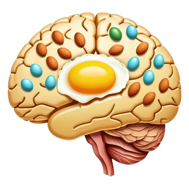 Glowing brain near a shimmering liver, with choline-rich foods floating around them: eggs with bright yellow yolks, clusters of almonds, cuts of lean meat, and dairy products. Golden connections flow between the foods and organs, showing the pathway of this essential nutrient. sticker
