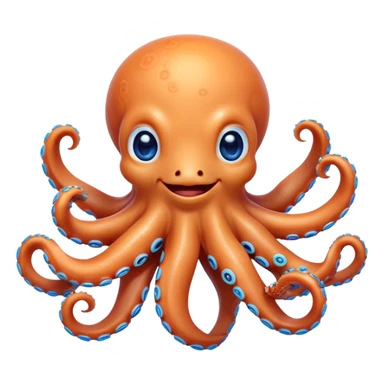 Cinematic Cute smiling Octopus Portrait Emoji, Head tilted playfully and inquisitively, featuring a rounded, light orange body embellished with playful blue rings, eight adorably curling arms, and big, twinkling eyes full of wonder, Simplified yet irresistibly adorable features, highly detailed, glowing with a warm, inviting underwater glow, high shine, affectionate and lively, stylized with a touch of whimsical cartoon charm, soft glowing outline, capturing the essence of a mischievous yet loving octopus that seems as if it could bob out of the screen into your arms! sticker