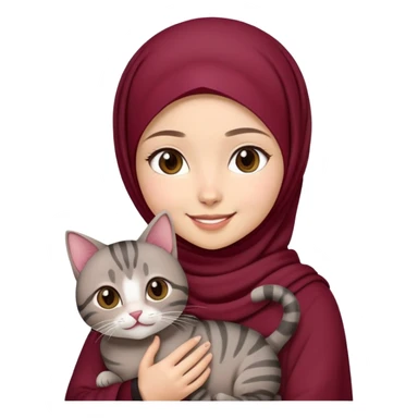 Asian white girl wearing maroon hijab holding a black grey tabby cat with smiling sticker