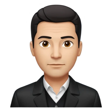 Attractive Hispanic TV host in his mid to late 40s with light brown skin, short straight black hair slicked back with fade on sides, square handsome face with strong jawline, friendly approachable expression, wearing open black jacket revealing white buttoned shirt underneath sticker