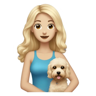 Blonde girl with long hair with blue eyes with the man who has short dark hair and a beard holding a beige maltipoo sticker