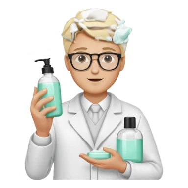 blonde man with white coat and glasses holding skincare products sticker