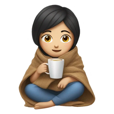 Asian girl wrapped in cozy blanket drinking coffee sticker