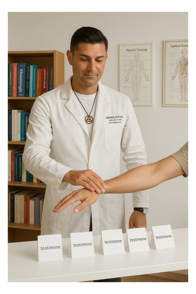 a middle-aged man in a calm, well-lit studio, wearing casual professional attire, performs a classic muscle test on a client’s outstretched arm. On a nearby table, there are small envelopes or vials labeled “testimone” representing samples or objects connected to a distant person. The atmosphere is focused and serene, with books and charts about kinesiological techniques in the background. sticker